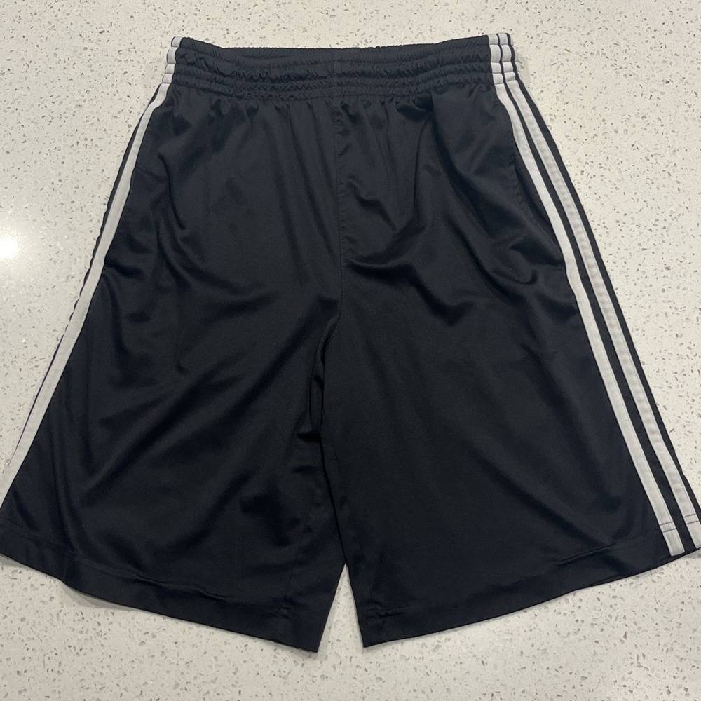Adidas Youth L (14/16) Black 3 Stripe Athletic Training Shorts Drawstring 7"